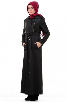 Yedi İklim Kapişonlu Pardesü-Siyah Y2430-01
