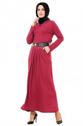 Bürün Cepli Kapişonlu Elbise-Kırmızı 8068-34