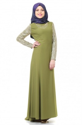 İpekdal Abiye Elbise-Yağ Yeşili 3885-109