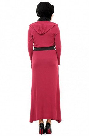 Bürün Cepli Kapişonlu Elbise-Kırmızı 8068-34