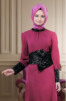 Puane Pul Payetli Abiye Elbise-Vişne 4357-039-6101