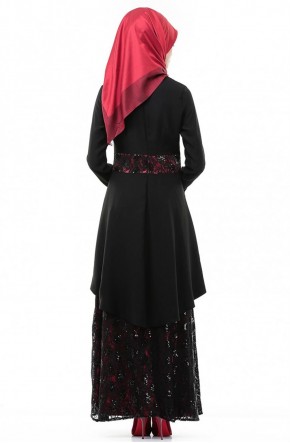İpekdal Pul Payetli Elbise-Siyah Bordo 3687-0167