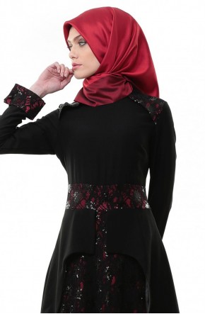 İpekdal Pul Payetli Elbise-Siyah Bordo 3687-0167