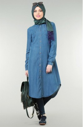 Zernişan Şömizye Yaka Tencel Tunik-Mavi 4649-70